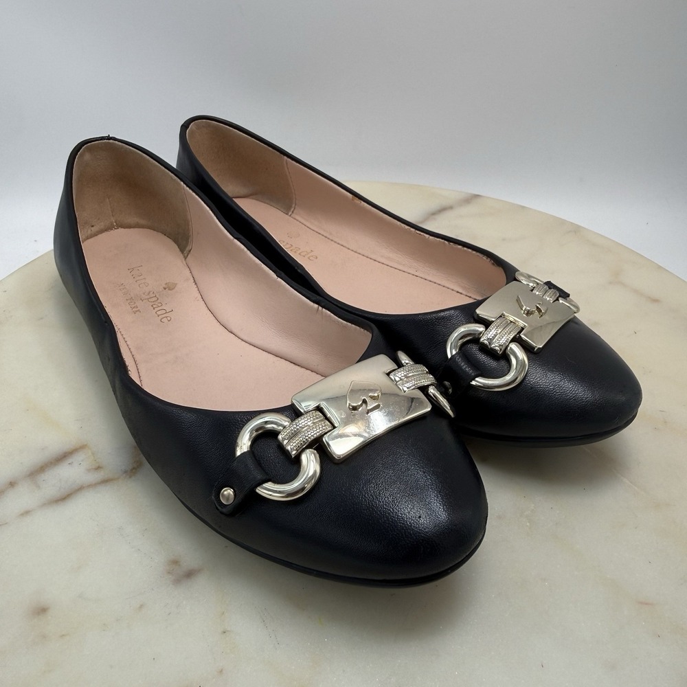 Kate Spade Payton Ballet Flats Black Leather Silver Logo Size 6.5B Slip-On